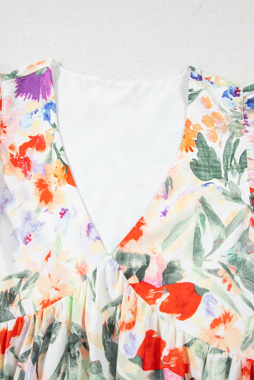 Orange Floral V-Neck High Waist Ruffle Cap Mini Dress