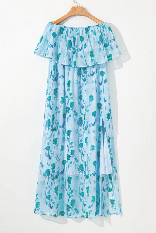 Sky Blue Teal Floral Ruffled Side Slit Tube Top Maxi Dress