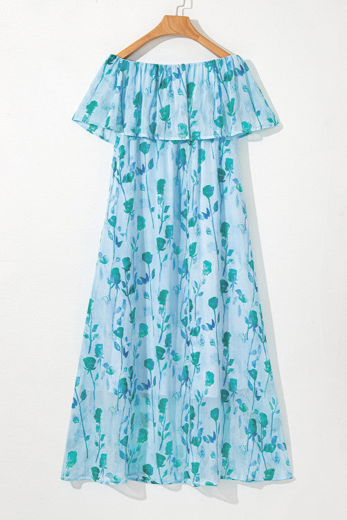 Sky Blue Teal Floral Ruffled Side Slit Tube Top Maxi Dress
