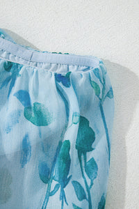 Sky Blue Teal Floral Ruffled Side Slit Tube Top Maxi Dress