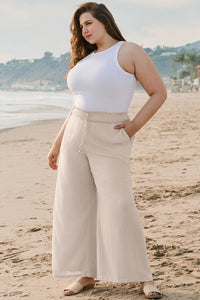 Beige Smocked Waist Wide Leg Plus Size Pants