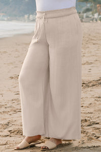 Beige Smocked Waist Wide Leg Plus Size Pants
