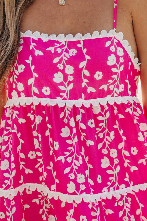 Bright Pink Floral Scalloped Trim Tiered Mini Dress