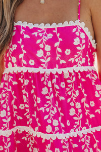 Bright Pink Floral Scalloped Trim Tiered Mini Dress