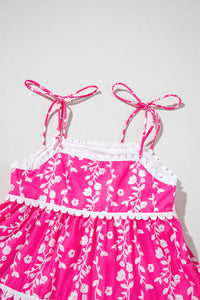 Bright Pink Floral Scalloped Trim Tiered Mini Dress
