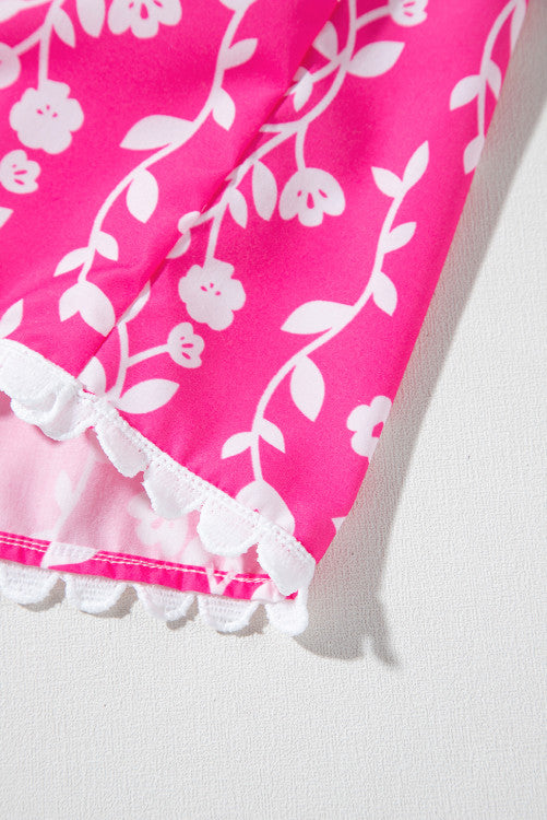 Bright Pink Floral Scalloped Trim Tiered Mini Dress