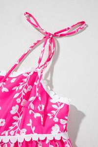 Bright Pink Floral Scalloped Trim Tiered Mini Dress