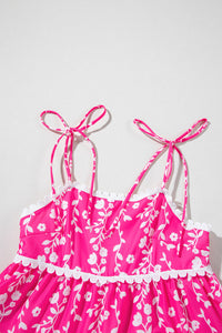 Bright Pink Floral Scalloped Trim Tiered Mini Dress