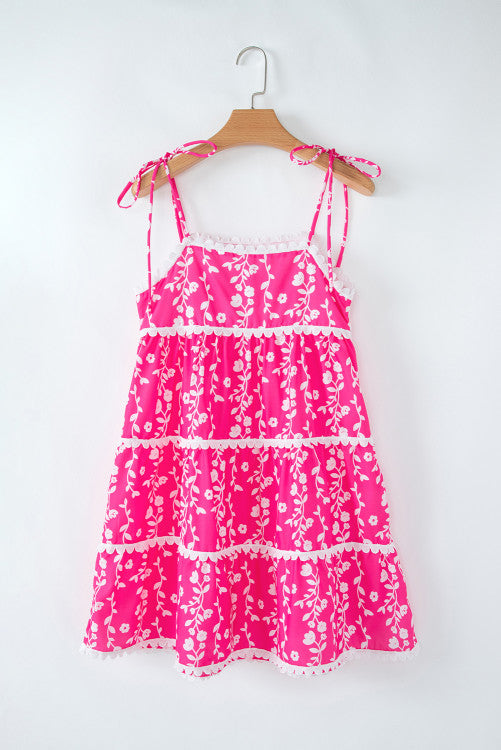 Bright Pink Floral Scalloped Trim Tiered Mini Dress