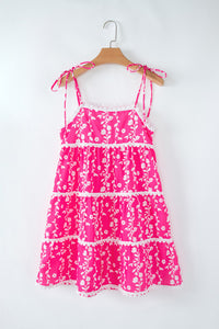 Bright Pink Floral Scalloped Trim Tiered Mini Dress