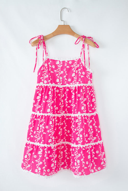 Bright Pink Floral Scalloped Trim Tiered Mini Dress