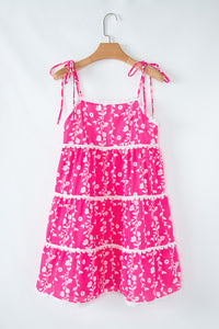 Bright Pink Floral Scalloped Trim Tiered Mini Dress