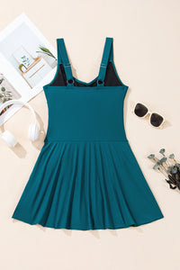Deep Teal Adjustable Strap Ruched Side Slit Tie Knot Swim Dress
