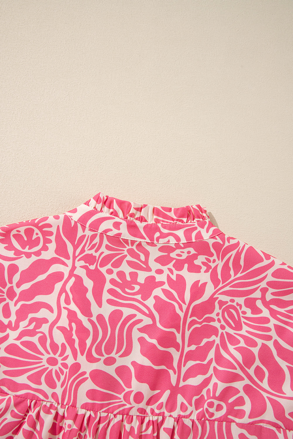 Plus Size Pink Floral Ruffly Split Mock Neck 3/4 Sleeve Blouse