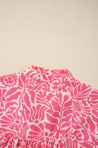 Plus Size Pink Floral Ruffly Split Mock Neck 3/4 Sleeve Blouse