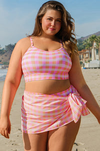 Pink Coral Plaid Plus Size High Waist Bottom Bikini Top with Sarong 3-Piece Set