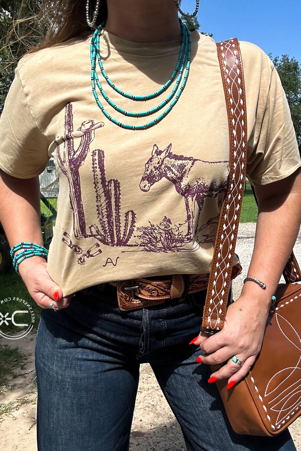 Plus Size Tan Western Burro Cactus Crew Neck Graphic Tee