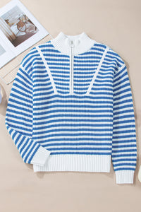 Bright Blue & White Stripe 1/4 Zip Mock Collar Knit Sweater