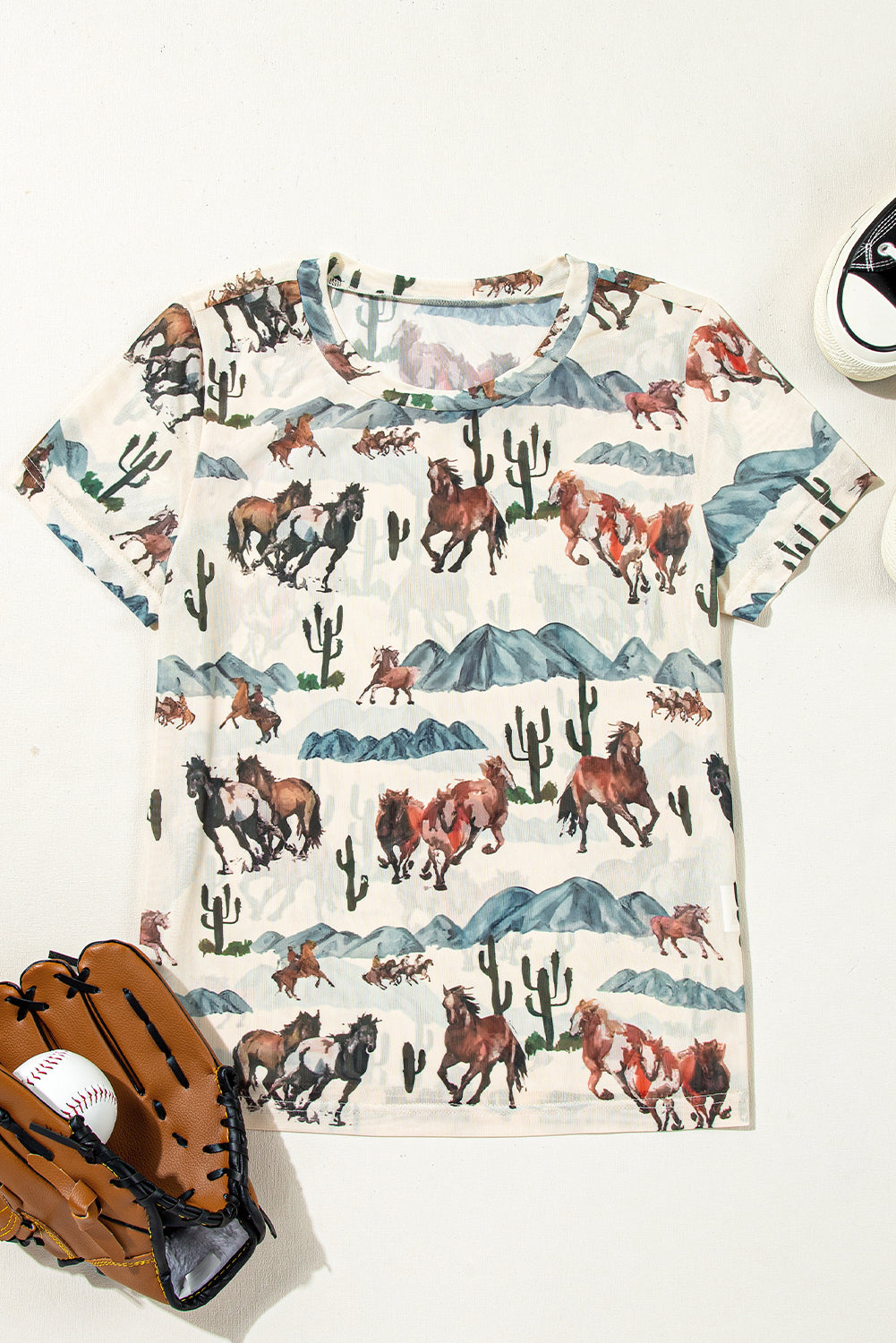 Beige Old Western Horse Print Sheer Mesh Tee