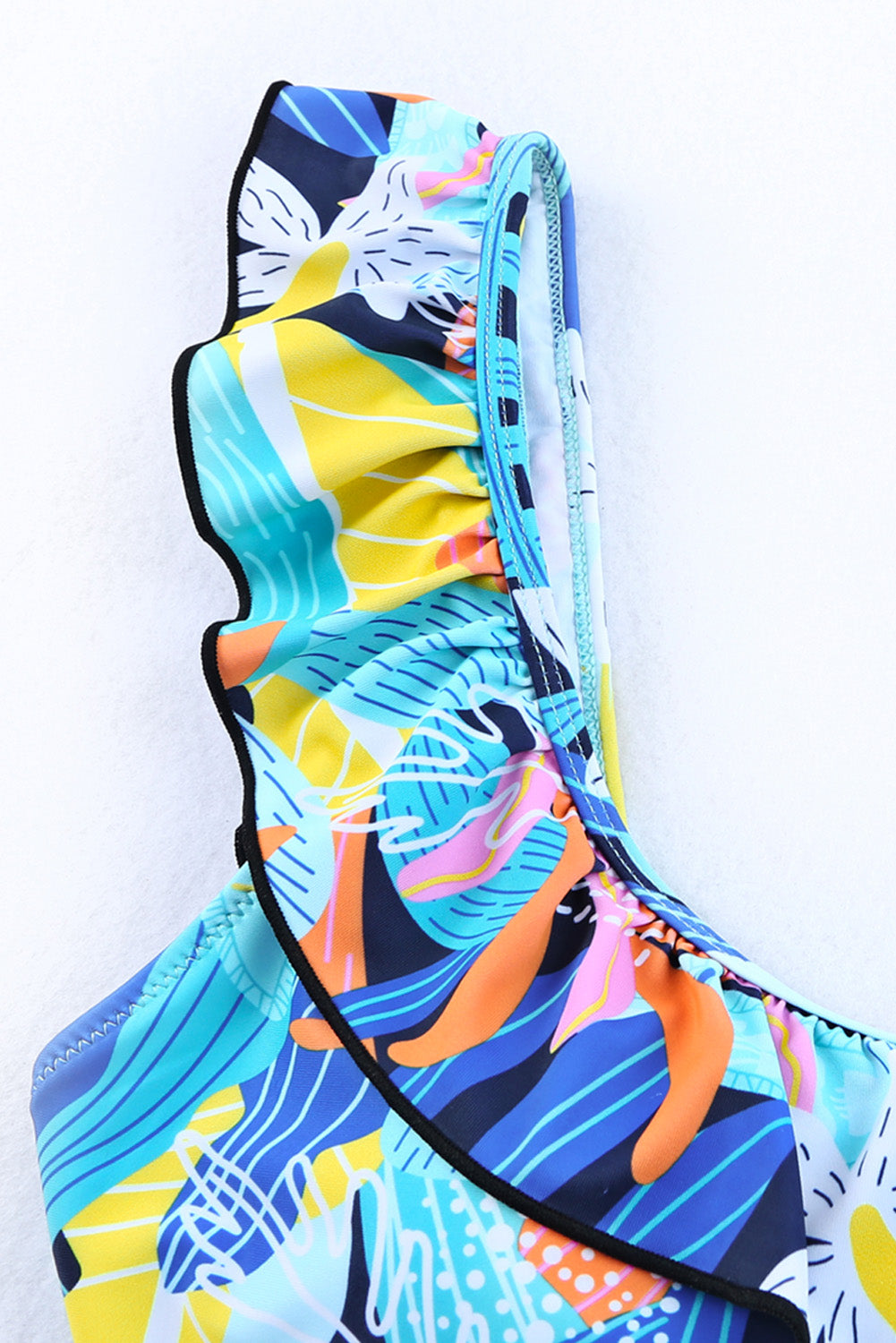 Caribbean Blue Tropical Print Ruffled Square Neck High Waist Swimsuit