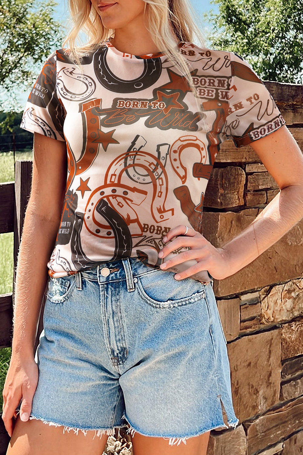 Brown Western Horseshoe Printed Mesh Tee