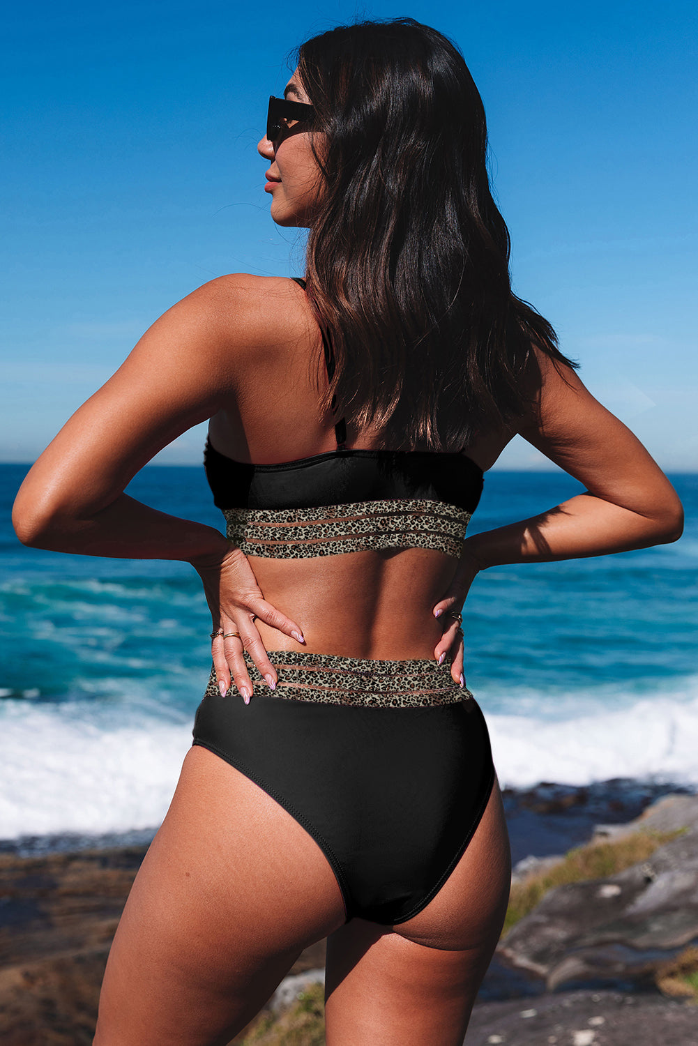 Black with Leopard Mesh Trim 2-Piece Bikini Swimsuit
