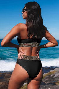 Black with Leopard Mesh Trim 2-Piece Bikini Swimsuit