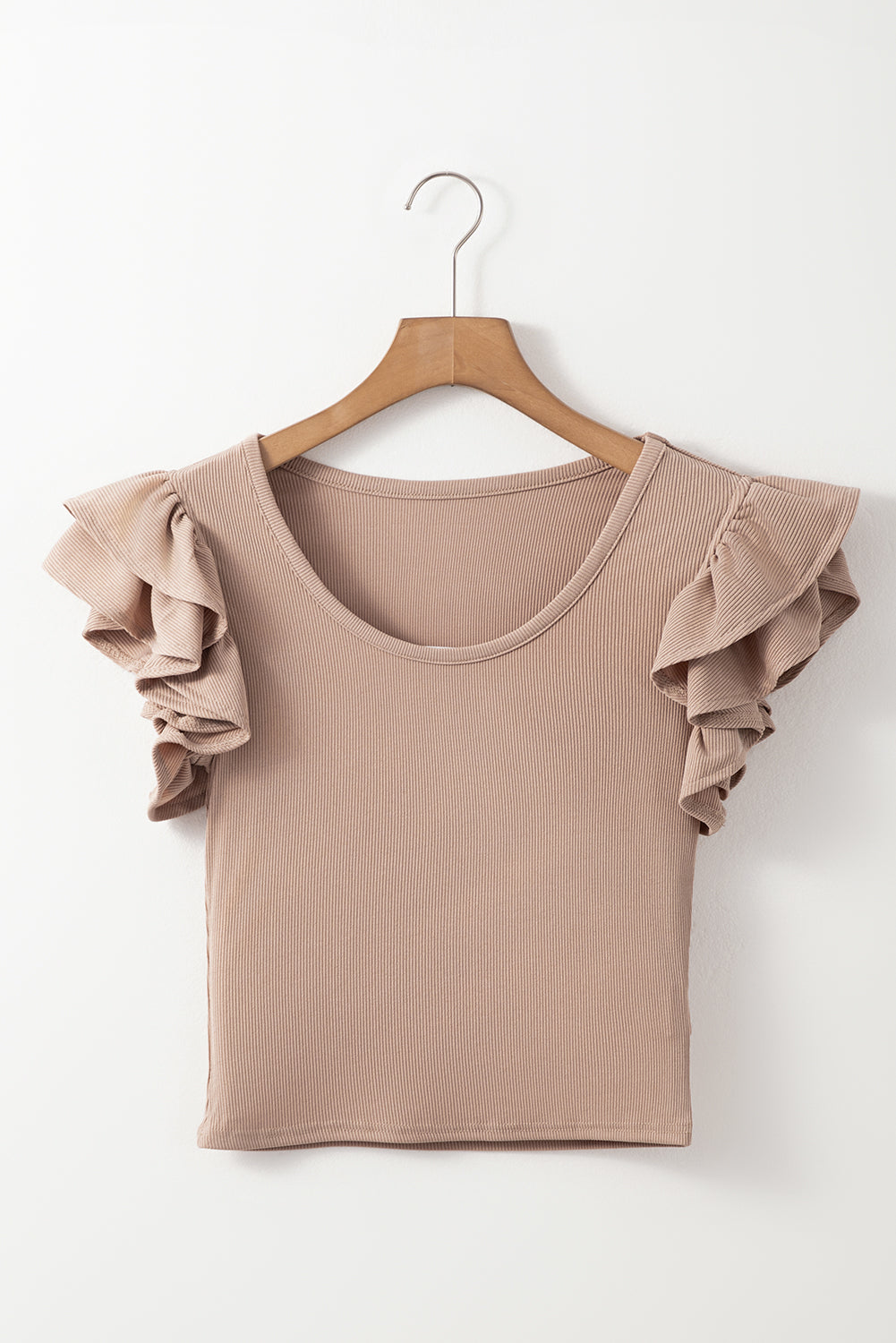 Light Brown Rib Knit Ruffled Cap Sleeve Slim Crop Top