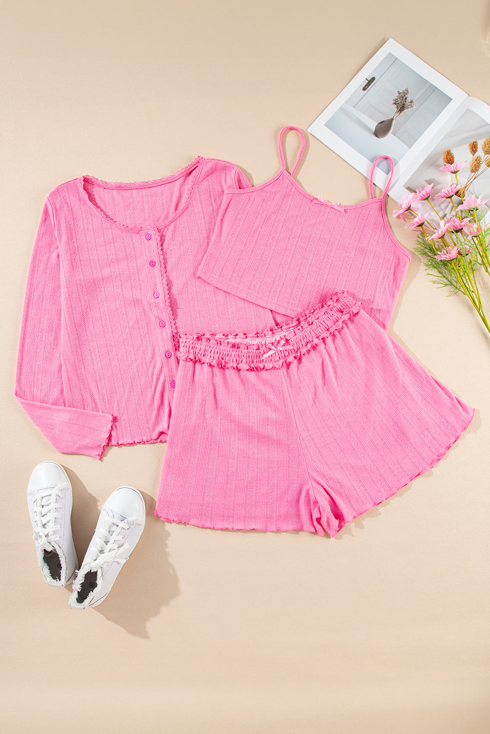 Pink Textured Cropped Cami Shorts and Cardigan 3-Piece Lounge Set