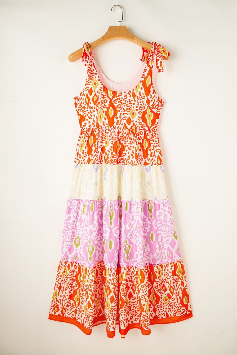 Orange Pink Yellow Floral Tiered Color-block Maxi Sun Dress