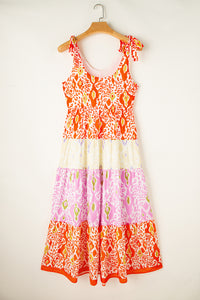 Orange Pink Yellow Floral Tiered Color-block Maxi Sun Dress