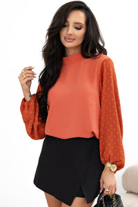Russet Orange Swiss Dot Balloon Sleeve Mock Neck Blouse
