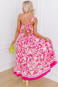 Bright Pink Floral V-Neck Crisscross Open Back Maxi Dress