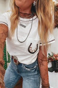 White RODEO Horseshoe Embroidered Chest Pocket Tee