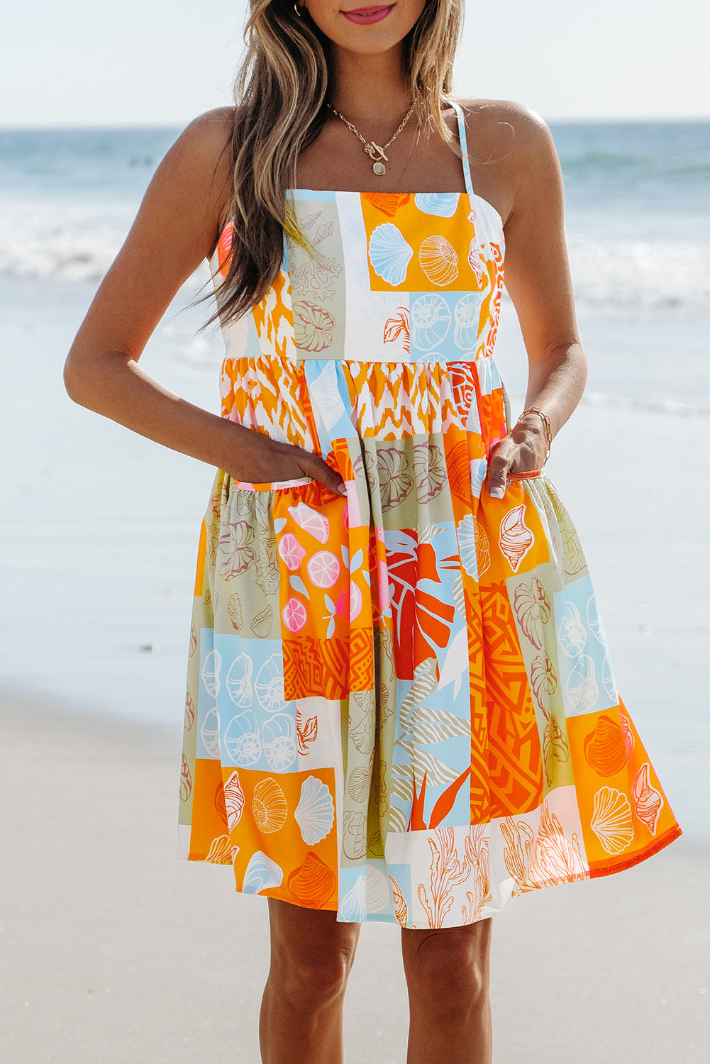 Orange Summer Life  Patchwork Print Tie Strap Sundress