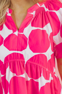Bright Pink Big Circle Abstract Print V-Neck Tiered Flowy Dress