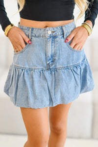 Light Wash Ruffled Hem Denim Mini Skirt
