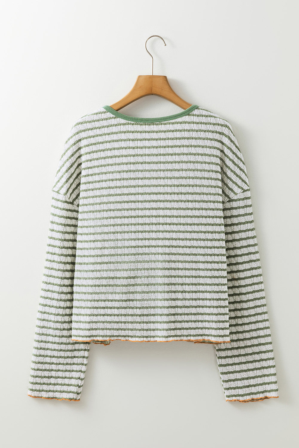 Green Stripe Textured Henley Long Sleeve Top