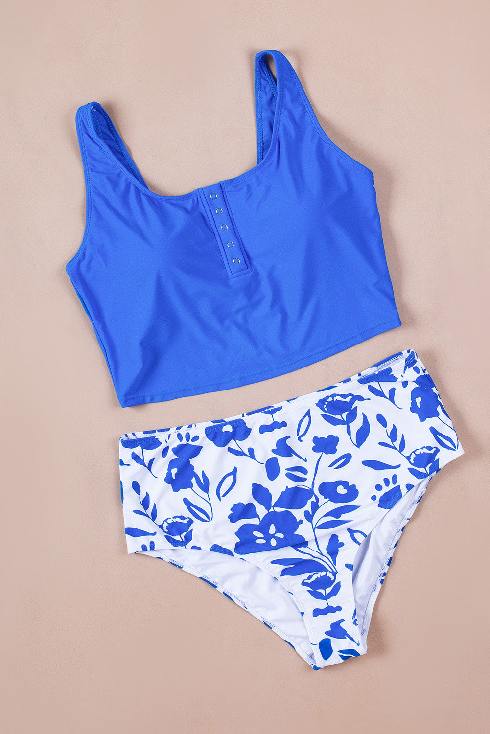 Solid Color Snap Neckline Top Printed Bottom Tankini