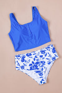 Solid Color Snap Neckline Top Printed Bottom Tankini