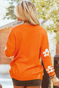 Orange Floral Print Open Front Loose Knit Lightweight  Cardigan Sweater