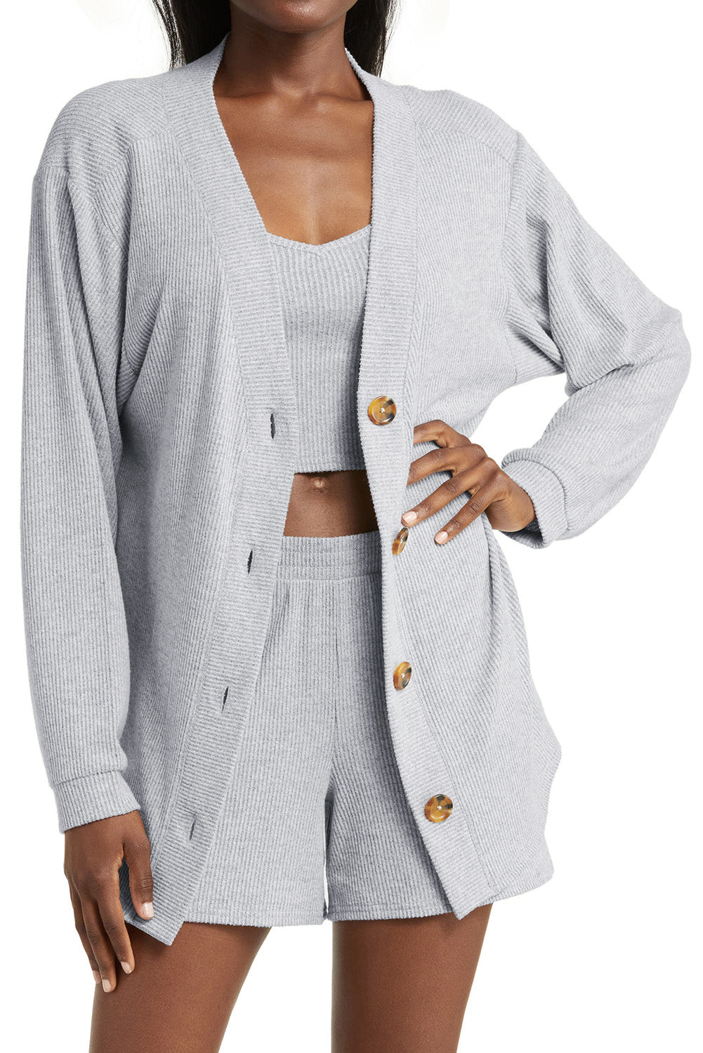 Light Grey 3-Piece Ribbed Knit Crop Camisole Matching Shorts and Cardigan Lounge Set