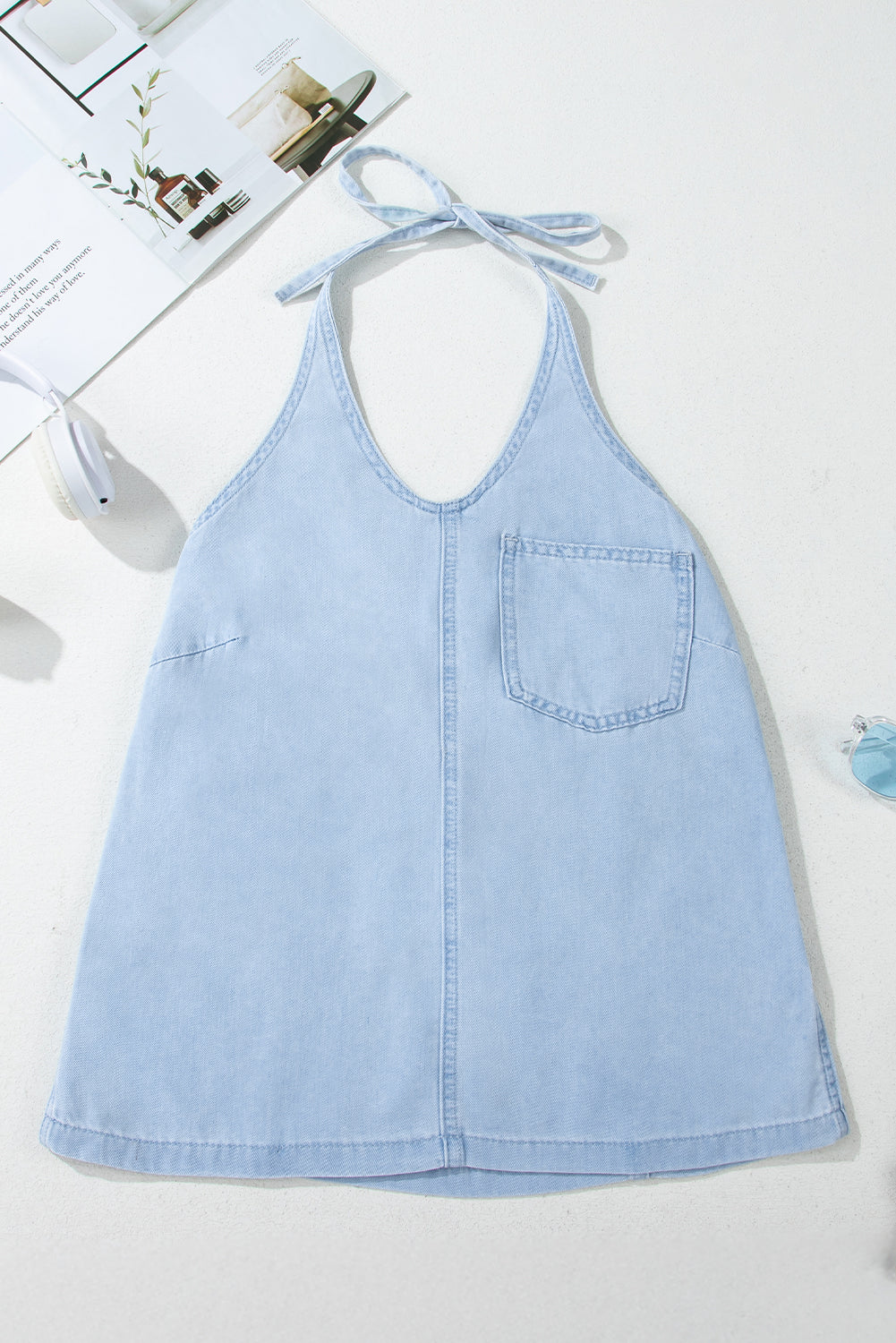Light Wash V-Neck Lightweight Denim Halter Tank Top