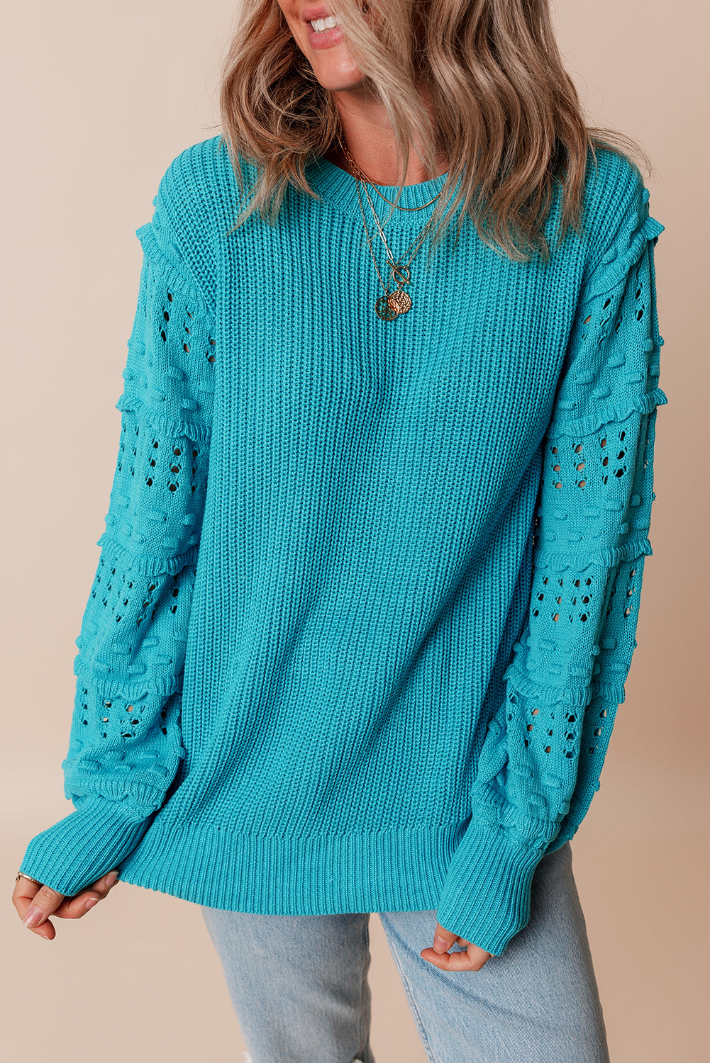 Turquoise Eyelet Bubble Sleeve Knit Sweater