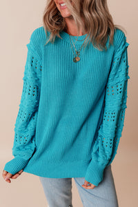 Turquoise Eyelet Bubble Sleeve Knit Sweater