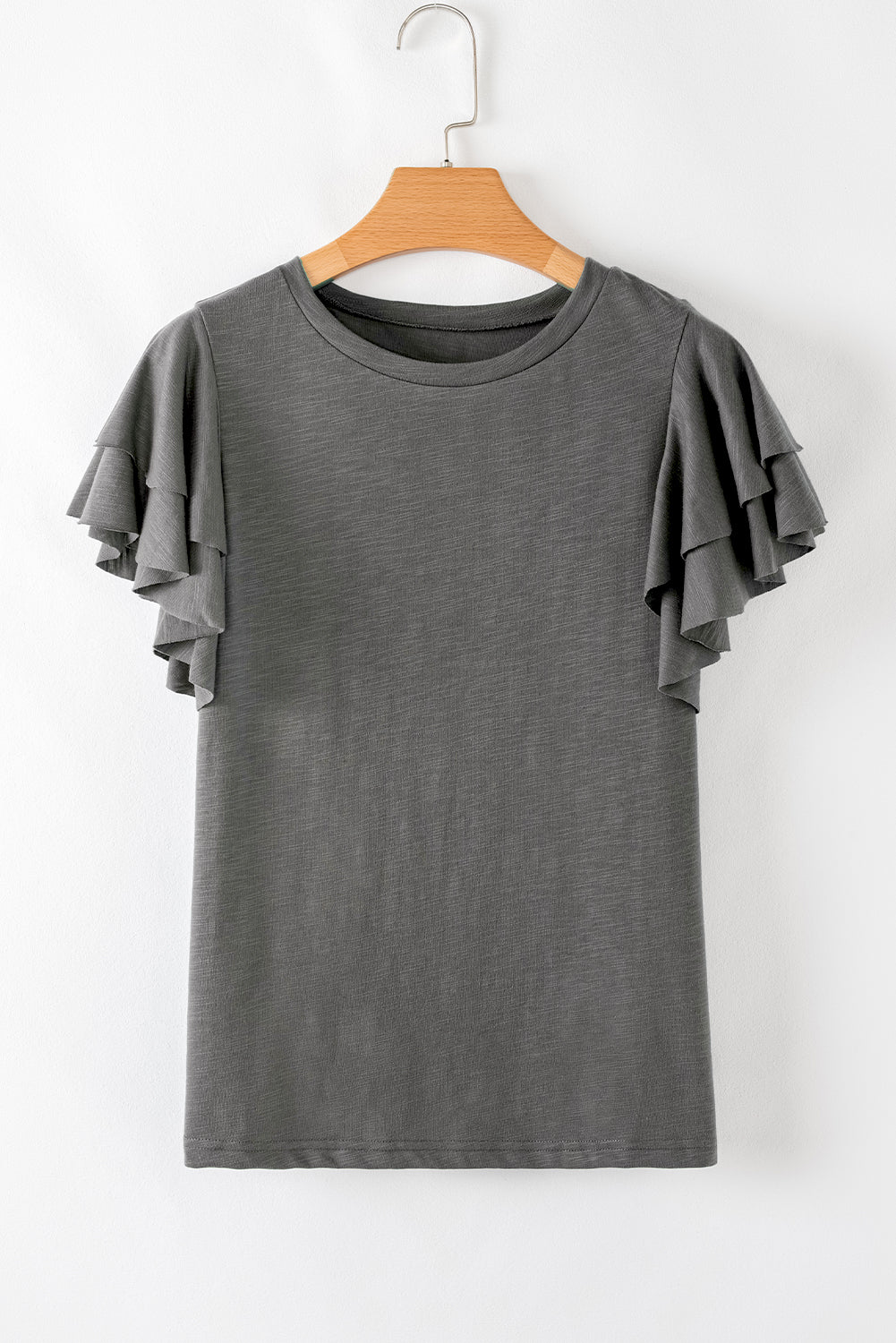 Dark Gray Layered Ruffle Cap Sleeve Round Neck Top