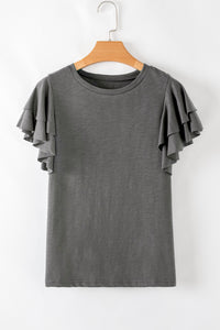 Dark Gray Layered Ruffle Cap Sleeve Round Neck Top