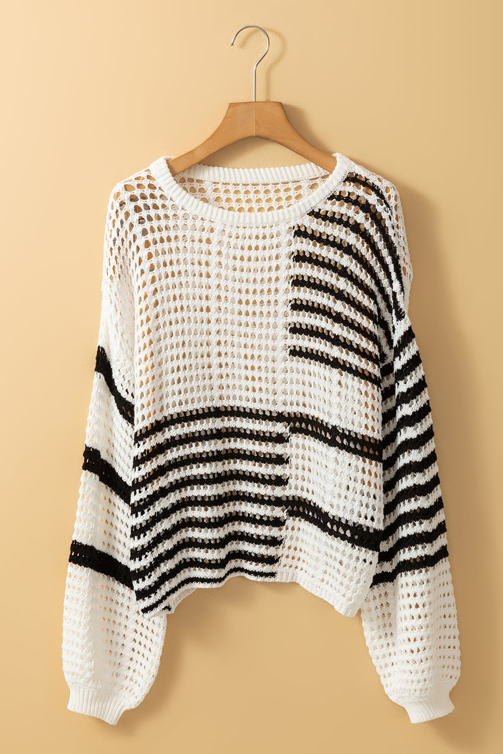 White Black Stripe Open Knit Puff Sleeve Sweater
