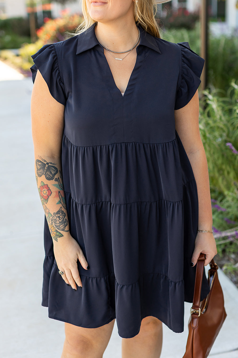 Navy Blue Collared V-Neck Flutter Sleeve Tiered Plus Size Dress