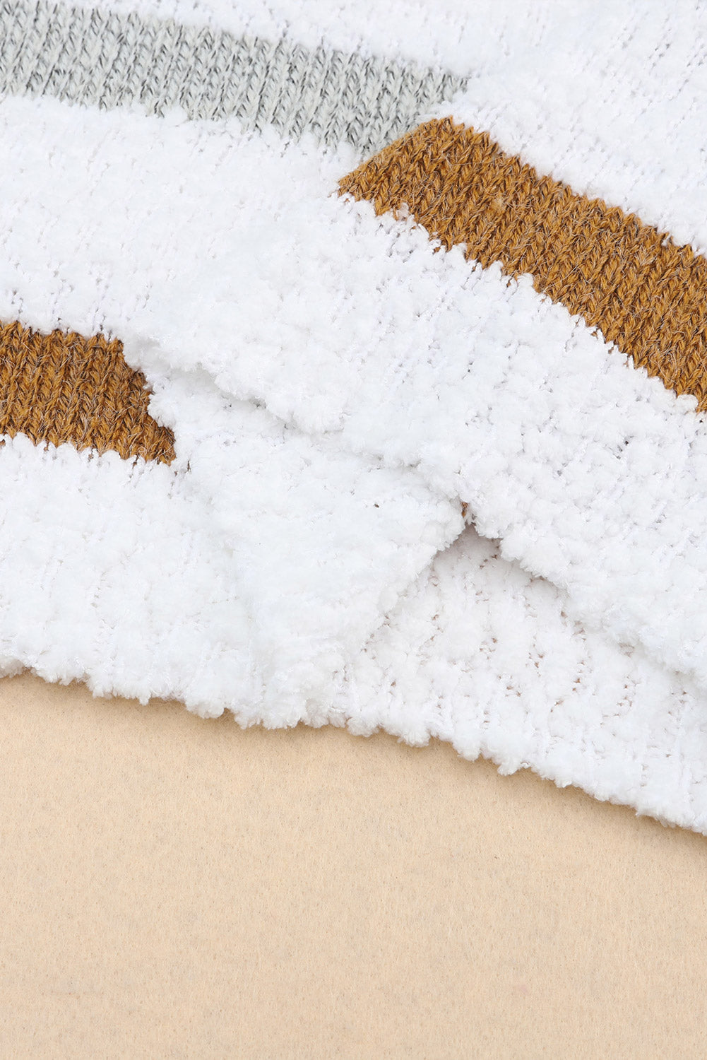 White with Blue & Tan Striped Popcorn Knit Sweater